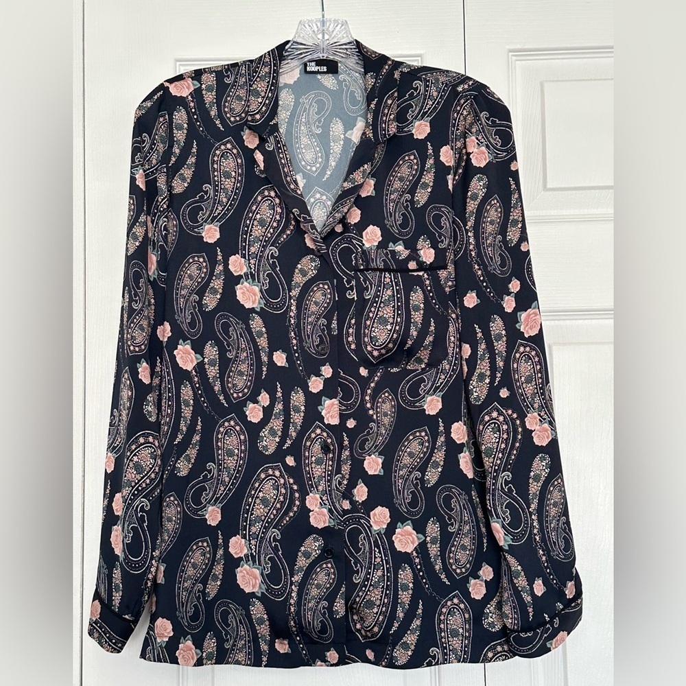 The Kooples Navy and Pink Paisley Button Down Shirt - Size XS (0) - NWOT
